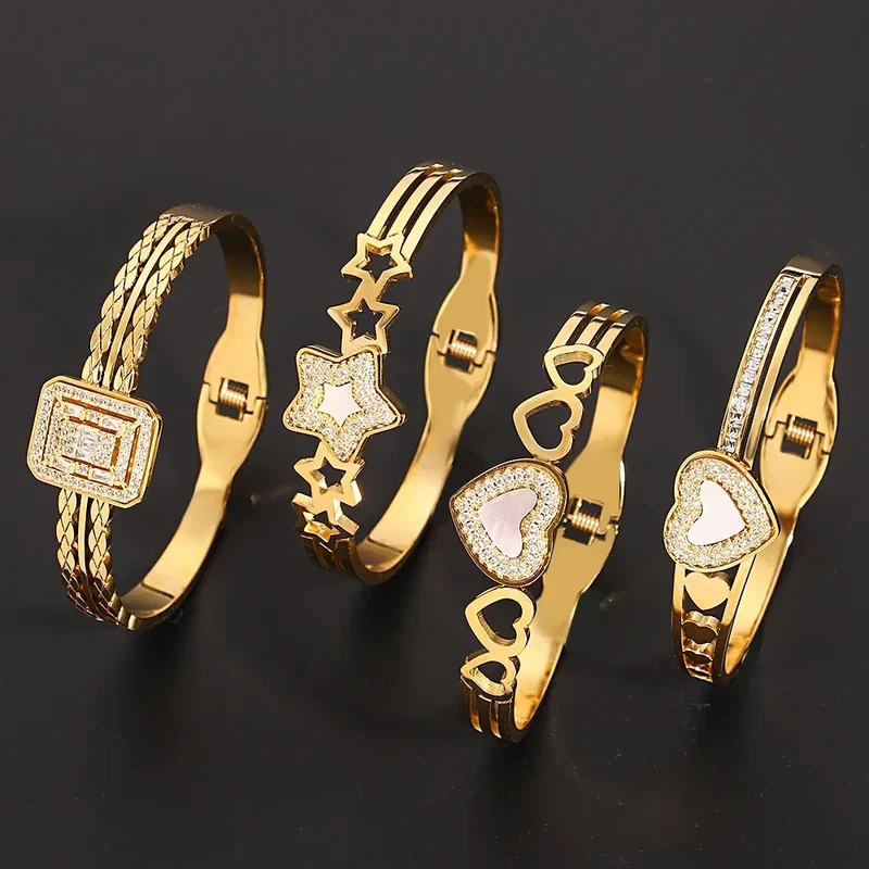 Elegant Rhinestones Bracelet with White Shell for Women Stainless Steel Golden Series Jewelry Fashion Valentine's Day Jewelry