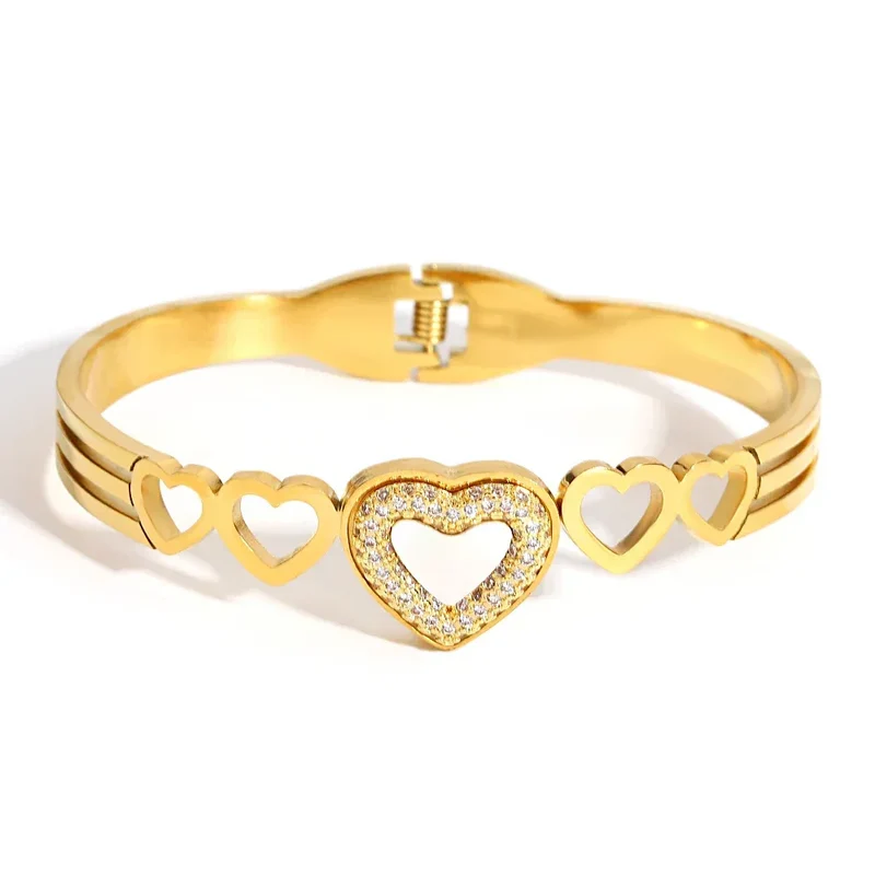 Elegant Rhinestones Bracelet with White Shell for Women Stainless Steel Golden Series Jewelry Fashion Valentine's Day Jewelry