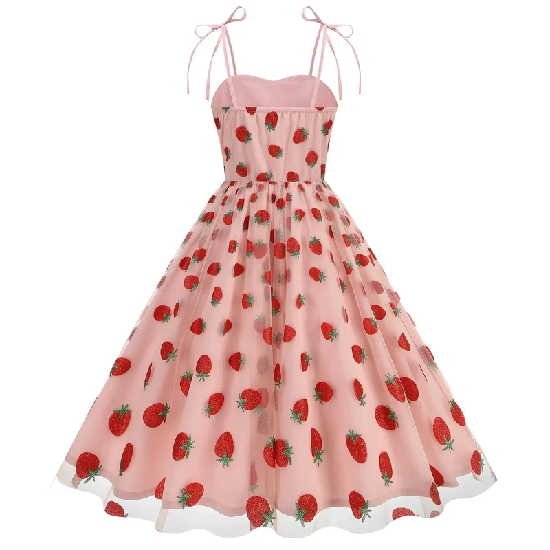 Knot Strap Strawberry Patchwork Vintage Dress 2025 Heart Flocking Valentine's Day Dress Women Birthday Party Pleated Mesh Dress