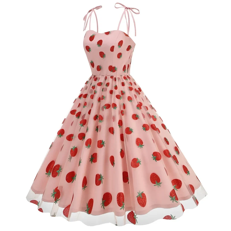 Knot Strap Strawberry Patchwork Vintage Dress 2025 Heart Flocking Valentine's Day Dress Women Birthday Party Pleated Mesh Dress
