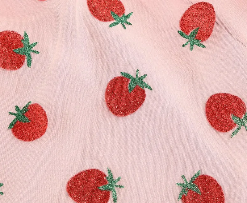 Knot Strap Strawberry Patchwork Vintage Dress 2025 Heart Flocking Valentine's Day Dress Women Birthday Party Pleated Mesh Dress
