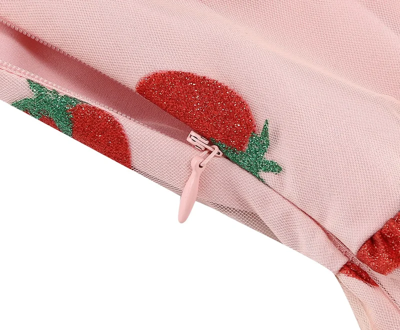 Knot Strap Strawberry Patchwork Vintage Dress 2025 Heart Flocking Valentine's Day Dress Women Birthday Party Pleated Mesh Dress
