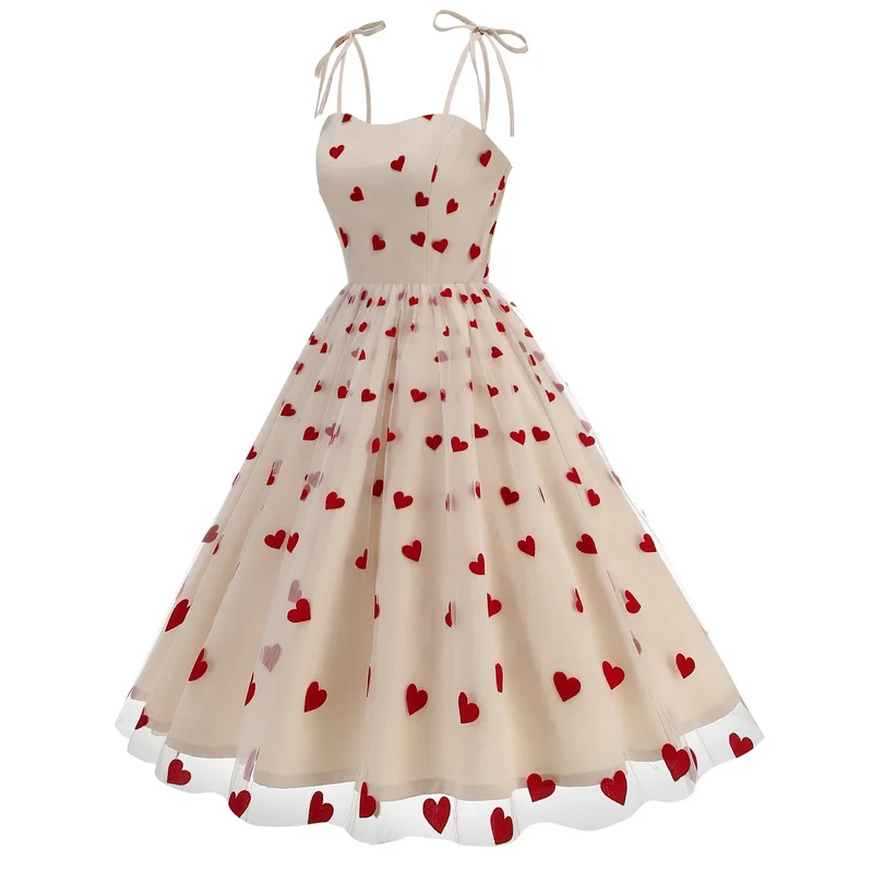 Knot Strap Strawberry Patchwork Vintage Dress 2025 Heart Flocking Valentine's Day Dress Women Birthday Party Pleated Mesh Dress