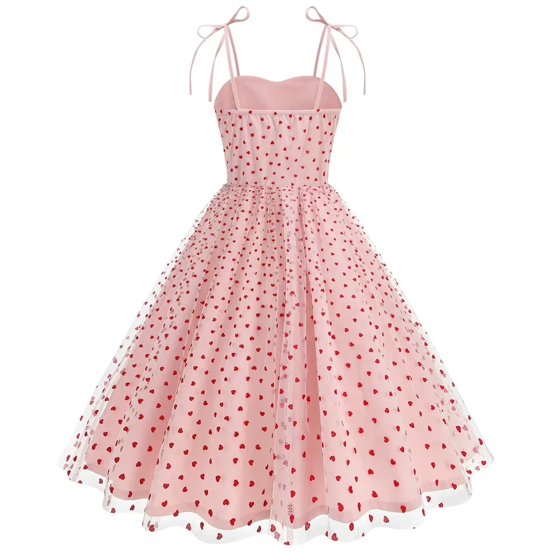 Knot Strap Strawberry Patchwork Vintage Dress 2025 Heart Flocking Valentine's Day Dress Women Birthday Party Pleated Mesh Dress