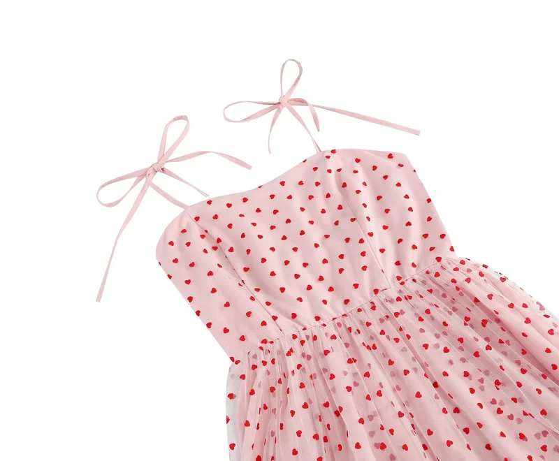Knot Strap Strawberry Patchwork Vintage Dress 2025 Heart Flocking Valentine's Day Dress Women Birthday Party Pleated Mesh Dress