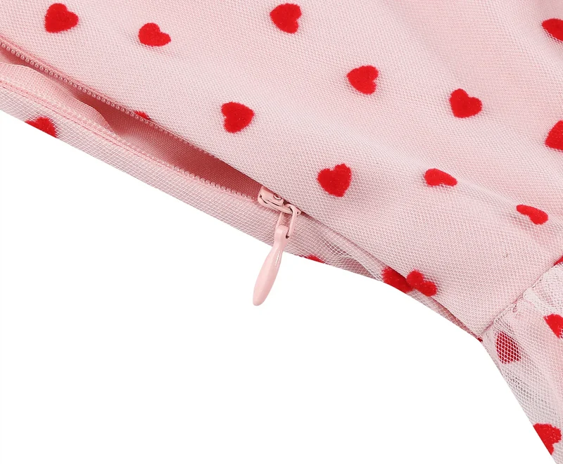 Knot Strap Strawberry Patchwork Vintage Dress 2025 Heart Flocking Valentine's Day Dress Women Birthday Party Pleated Mesh Dress