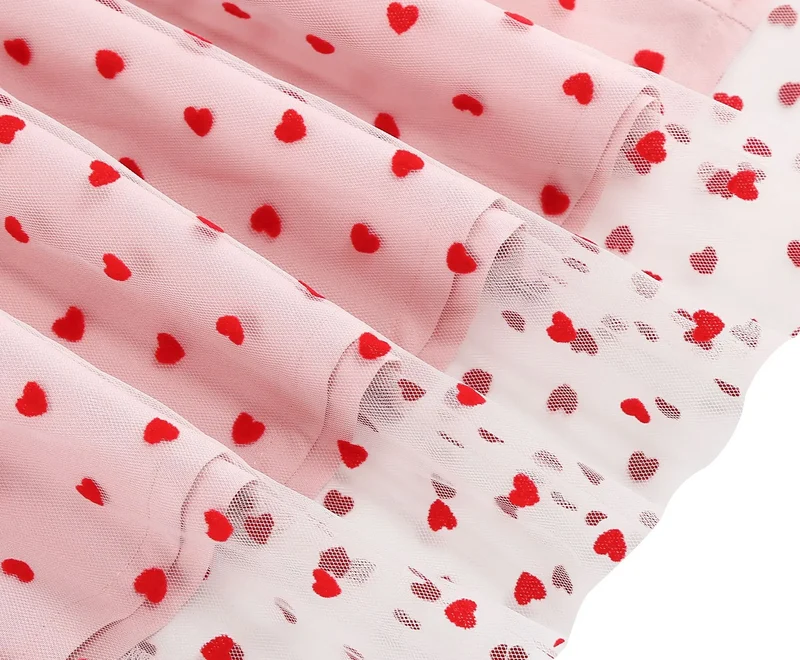 Knot Strap Strawberry Patchwork Vintage Dress 2025 Heart Flocking Valentine's Day Dress Women Birthday Party Pleated Mesh Dress