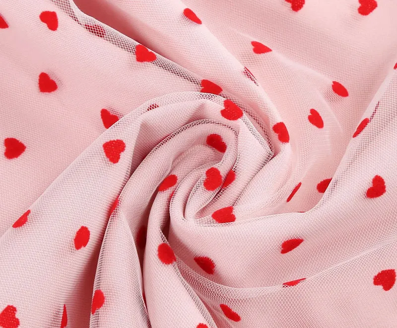 Knot Strap Strawberry Patchwork Vintage Dress 2025 Heart Flocking Valentine's Day Dress Women Birthday Party Pleated Mesh Dress