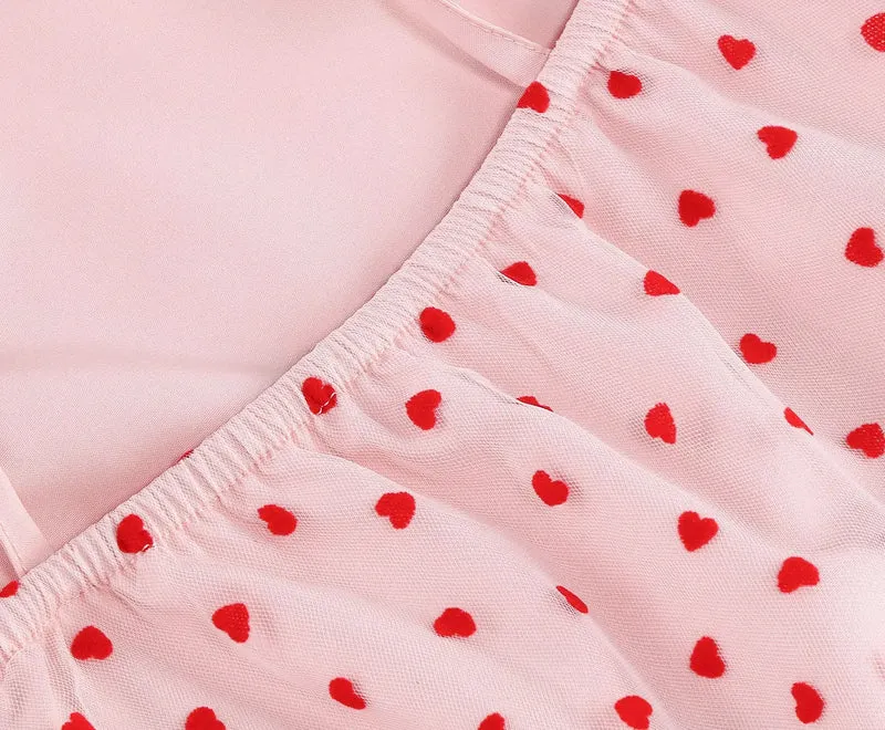 Knot Strap Strawberry Patchwork Vintage Dress 2025 Heart Flocking Valentine's Day Dress Women Birthday Party Pleated Mesh Dress