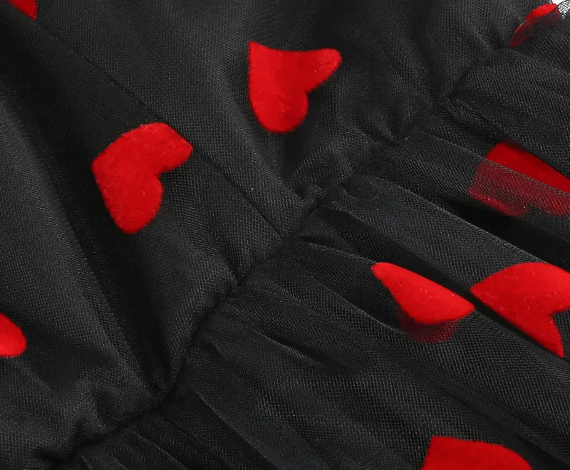 Knot Strap Strawberry Patchwork Vintage Dress 2025 Heart Flocking Valentine's Day Dress Women Birthday Party Pleated Mesh Dress