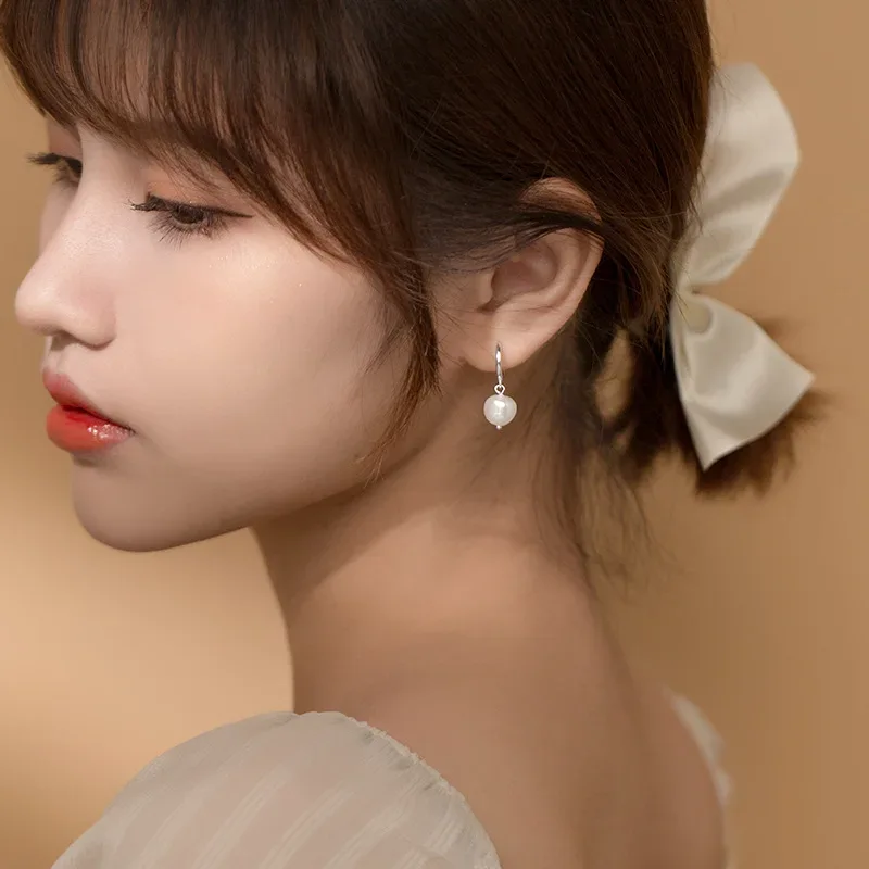 TrustDavis Real 925 Sterling Silver Sweet Irregular Baroque Pearl Hoop Earrings For Women Wedding Valentine's Day Jewelry DB338