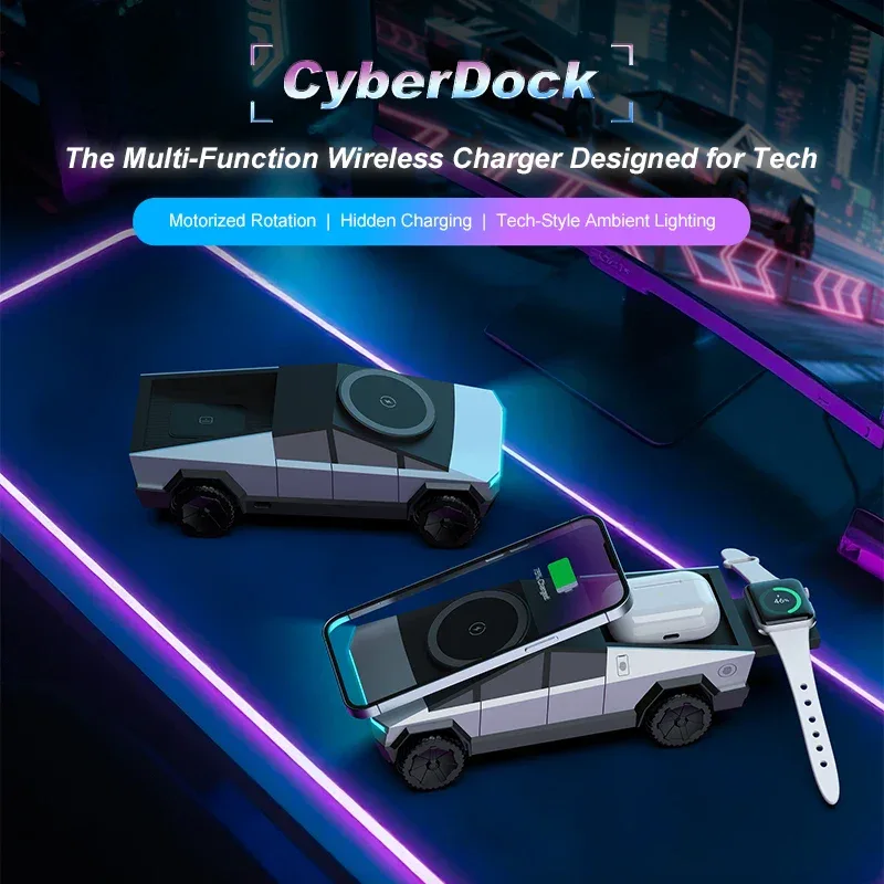 New Cybertruck Multifunctional 3-in-1 Wireless Charger Desktop Qi2 Charger for IPhone (15W),Iwatch (5W), Airpods (2.5W) Charging