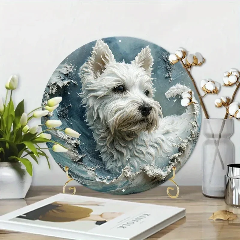 Aluminum Sign Faux Resin Painting Round Sign Room Decoration Valentine's Day Gifts West Highland White Terrier Theme Decoration