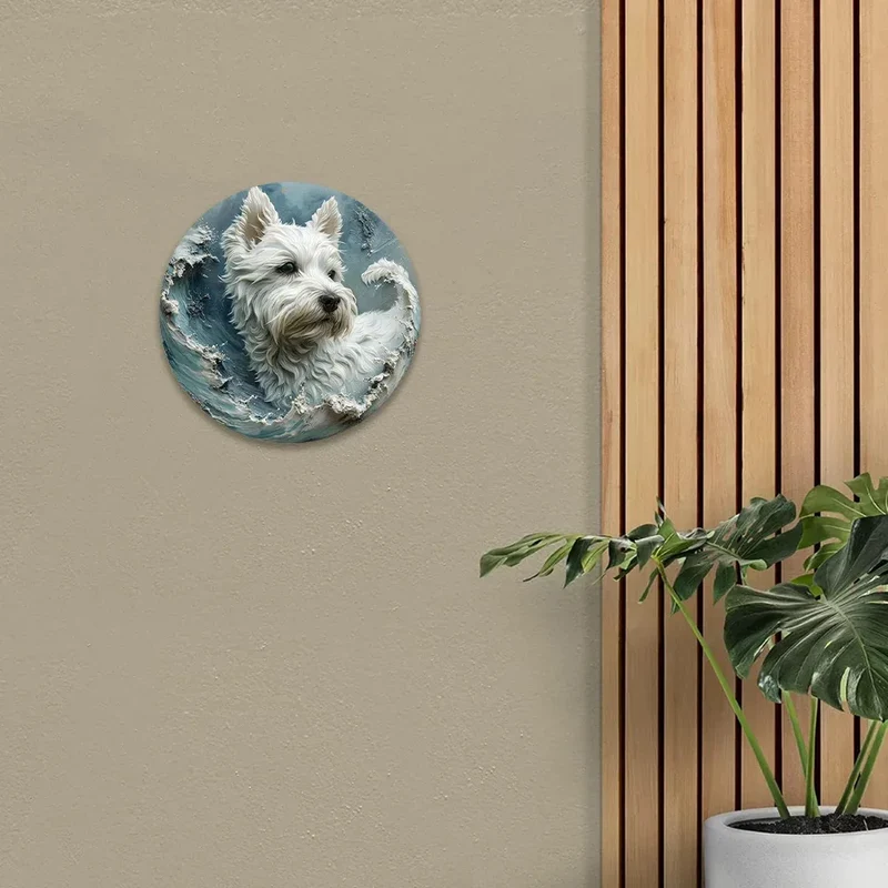 Aluminum Sign Faux Resin Painting Round Sign Room Decoration Valentine's Day Gifts West Highland White Terrier Theme Decoration