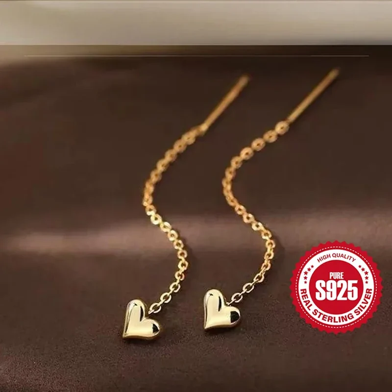 Aide 925 Sterling Silver Heart Long Tassels Chain Piercing Drop Earrings For Women Minimalist Jewelry Party Valentine's Day Gift