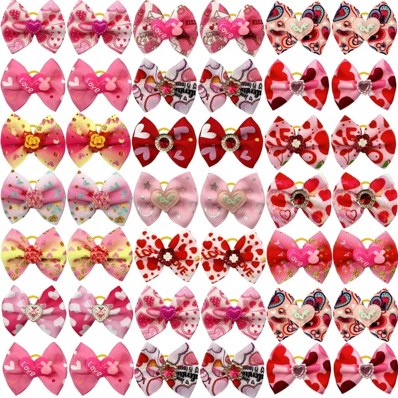 50/100pc Valentine's Day Dog Hair Accessories Diamond Dog Hair Bows Pink Love Style Pet Dog Ribbon Bow Rubber Bands Dog Supplies