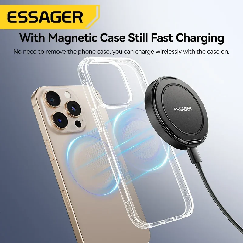Essager Magnetic Wireless Charger With Holder 15W Fast Charging For iPhone17 16 15 14Pro Max Airpods Mini Wireless Phone Charger