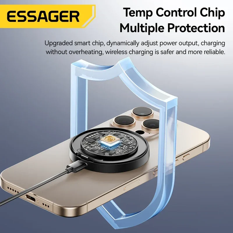 Essager Magnetic Wireless Charger With Holder 15W Fast Charging For iPhone17 16 15 14Pro Max Airpods Mini Wireless Phone Charger