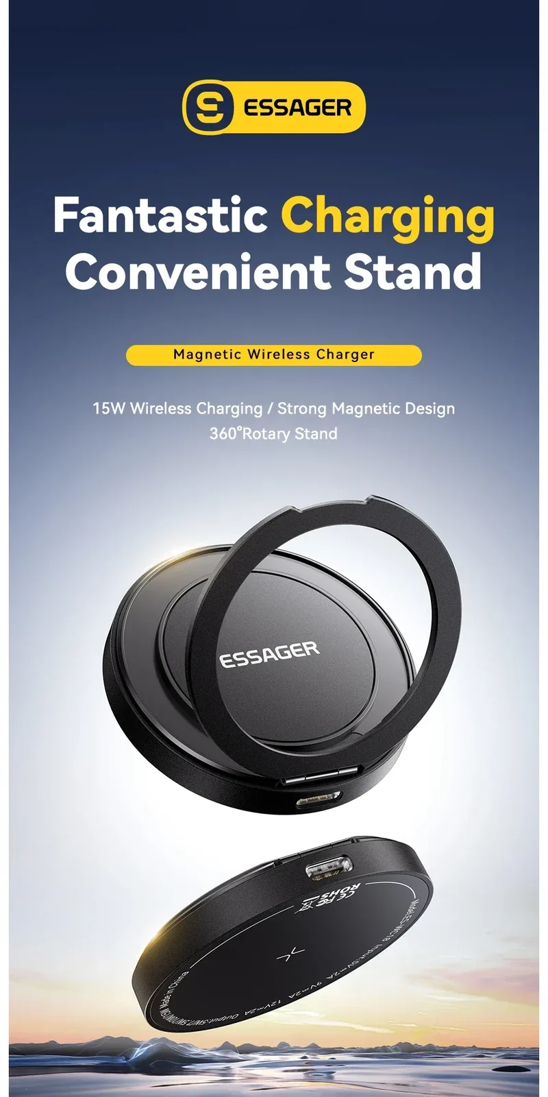 Essager Magnetic Wireless Charger With Holder 15W Fast Charging For iPhone17 16 15 14Pro Max Airpods Mini Wireless Phone Charger