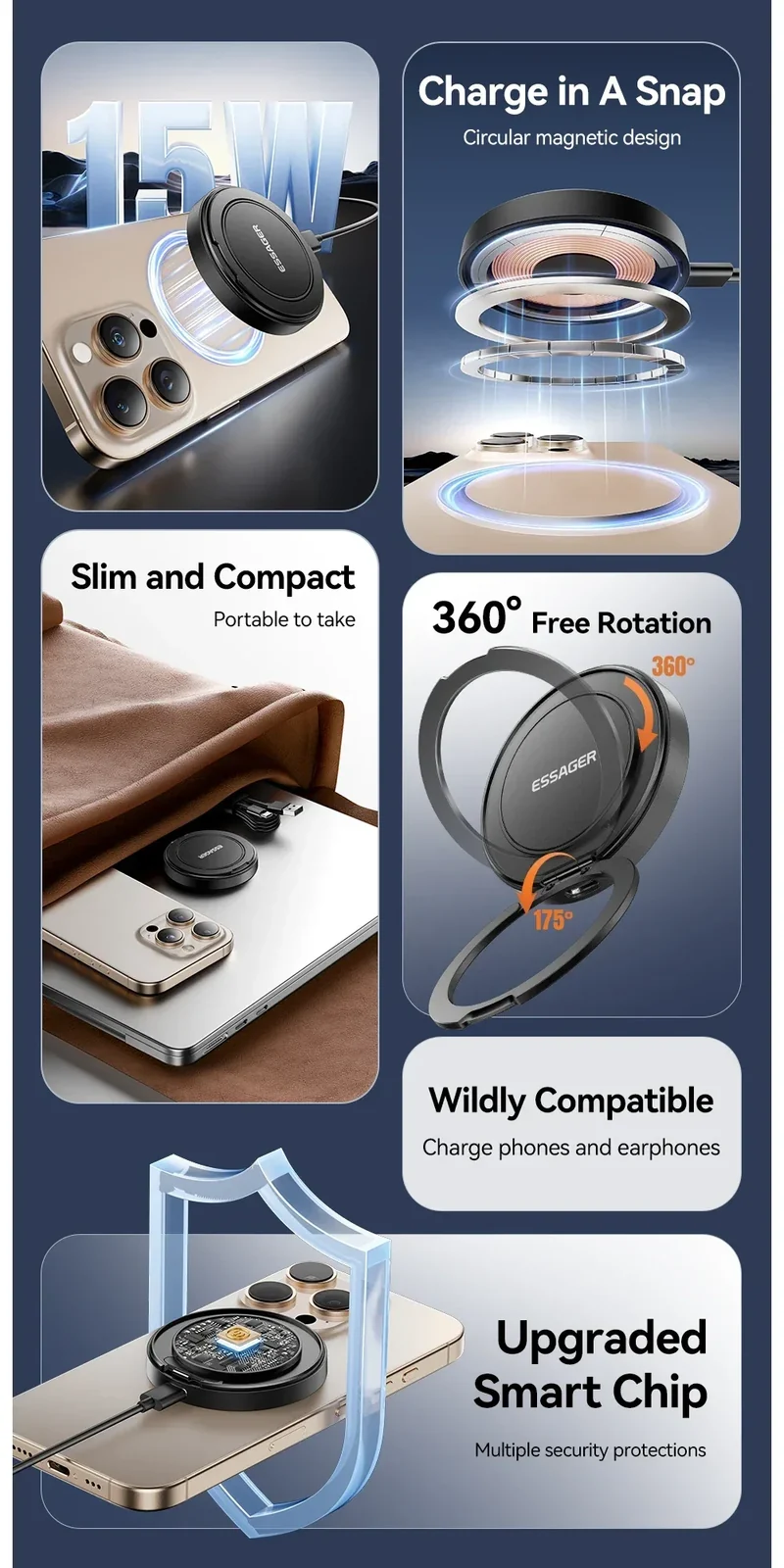 Essager Magnetic Wireless Charger With Holder 15W Fast Charging For iPhone17 16 15 14Pro Max Airpods Mini Wireless Phone Charger
