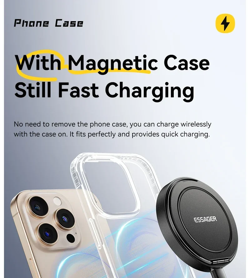 Essager Magnetic Wireless Charger With Holder 15W Fast Charging For iPhone17 16 15 14Pro Max Airpods Mini Wireless Phone Charger