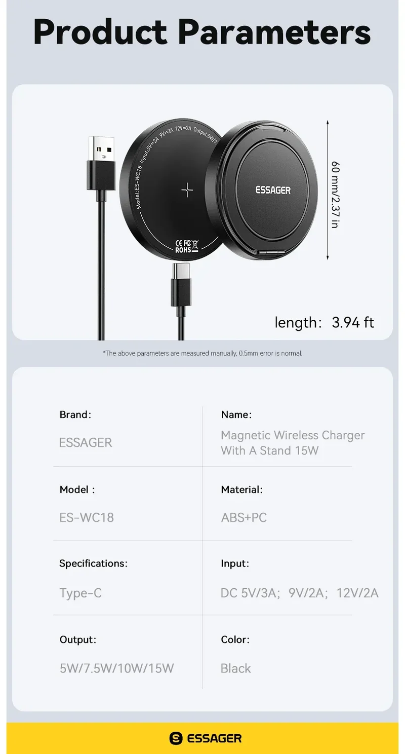 Essager Magnetic Wireless Charger With Holder 15W Fast Charging For iPhone17 16 15 14Pro Max Airpods Mini Wireless Phone Charger