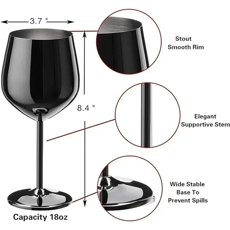 500ml Stainless Steel Wine Glass Goblet 304 Rose Gold Silver Gold Color, Durable Metal Cup for Red Wine Champagne Bar Party