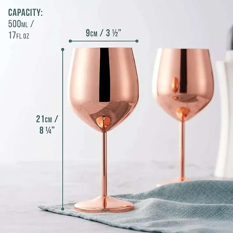 500ml Stainless Steel Wine Glass Goblet 304 Rose Gold Silver Gold Color, Durable Metal Cup for Red Wine Champagne Bar Party