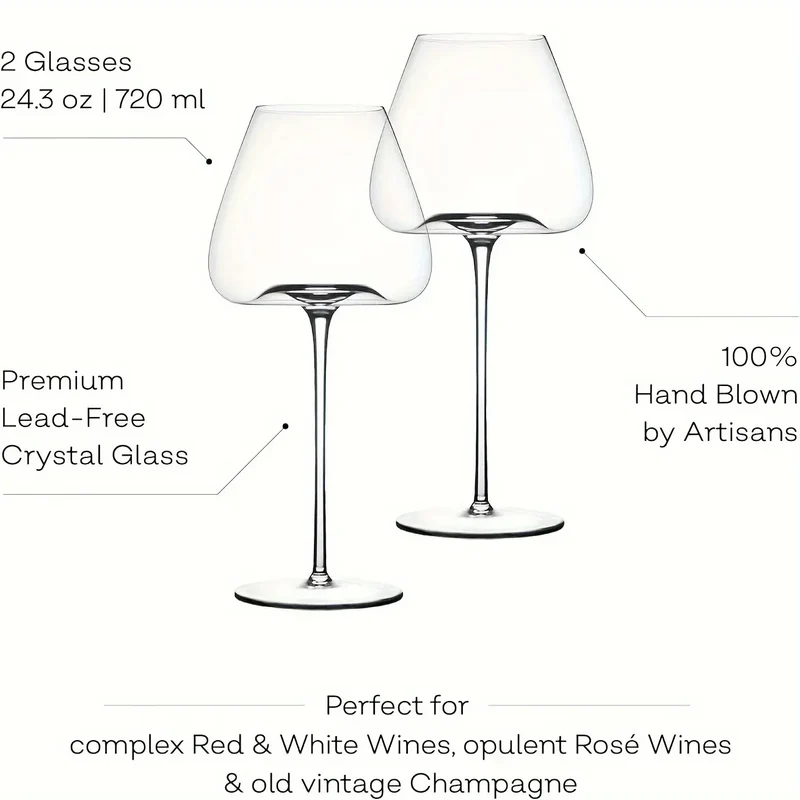 2 piece elegant hand-blown wine glasses - lead-free crystal, perfect for weddings, anniversaries and birthdays
