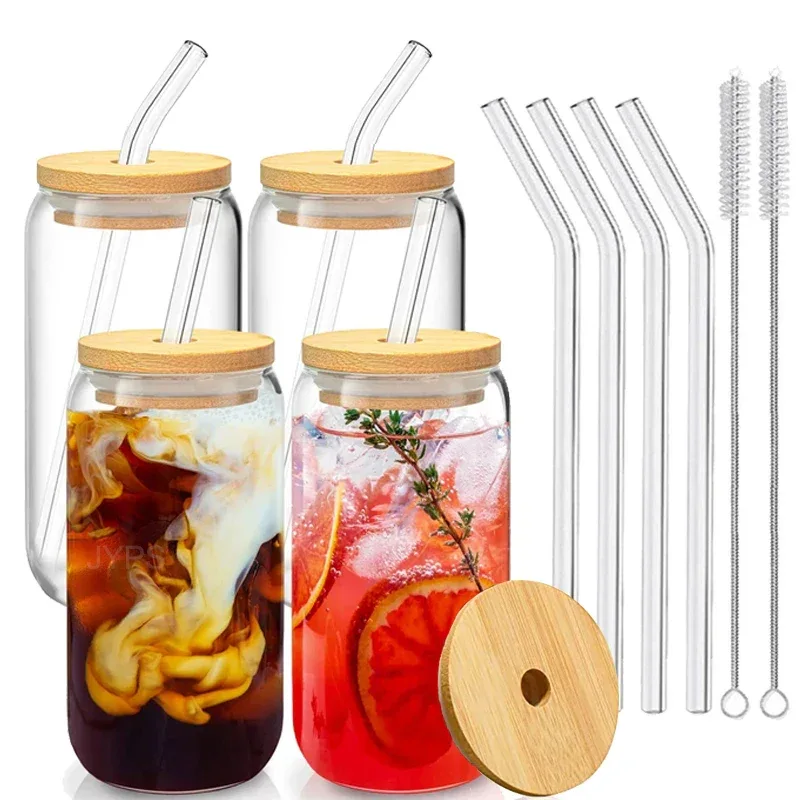 Glass Cup With Straw and Bamboo Lid Transparent Bubble Tea Cup Cold Drinking Glasses Iced Coffee Mug Beer Can Juice Milk Cup