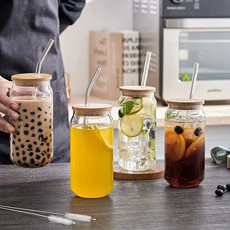 Glass Cup With Straw and Bamboo Lid Transparent Bubble Tea Cup Cold Drinking Glasses Iced Coffee Mug Beer Can Juice Milk Cup