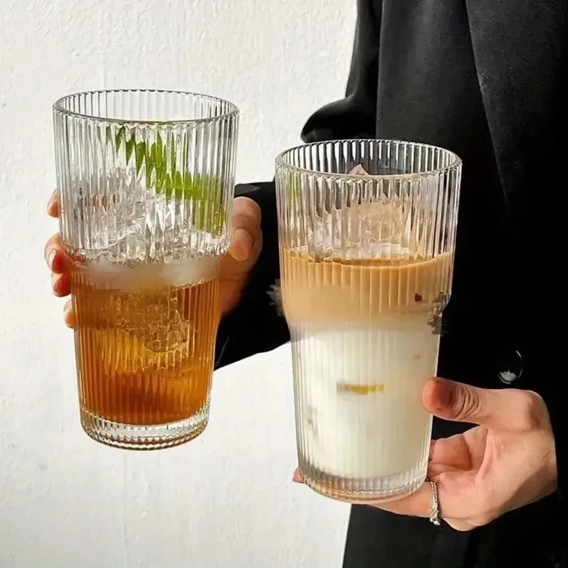 600ml Stripe Glass Cup with Lid and Straw Transparent Drinking Glasses for Juice Water and Iced Coffee Cups Mug Drinkware
