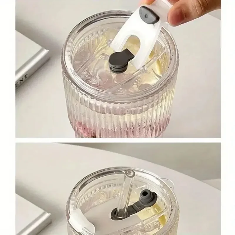 600ml Stripe Glass Cup with Lid and Straw Transparent Drinking Glasses for Juice Water and Iced Coffee Cups Mug Drinkware