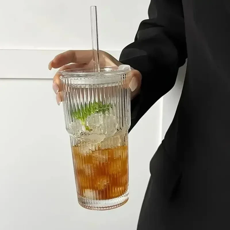 600ml Stripe Glass Cup with Lid and Straw Transparent Drinking Glasses for Juice Water and Iced Coffee Cups Mug Drinkware