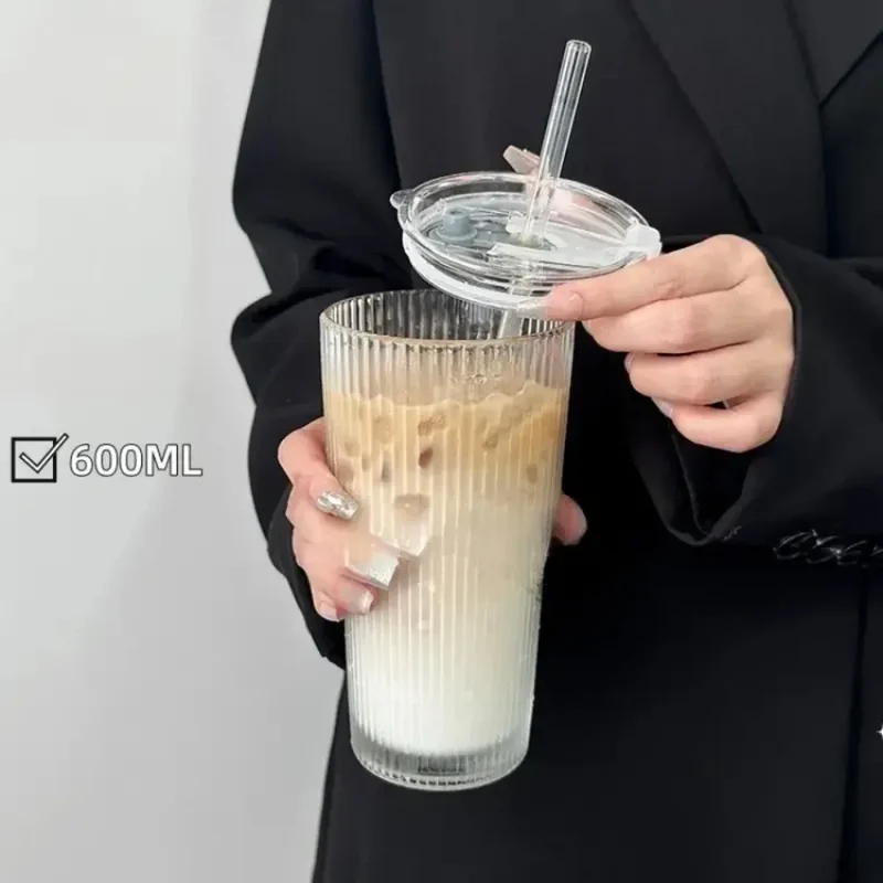 600ml Stripe Glass Cup with Lid and Straw Transparent Drinking Glasses for Juice Water and Iced Coffee Cups Mug Drinkware