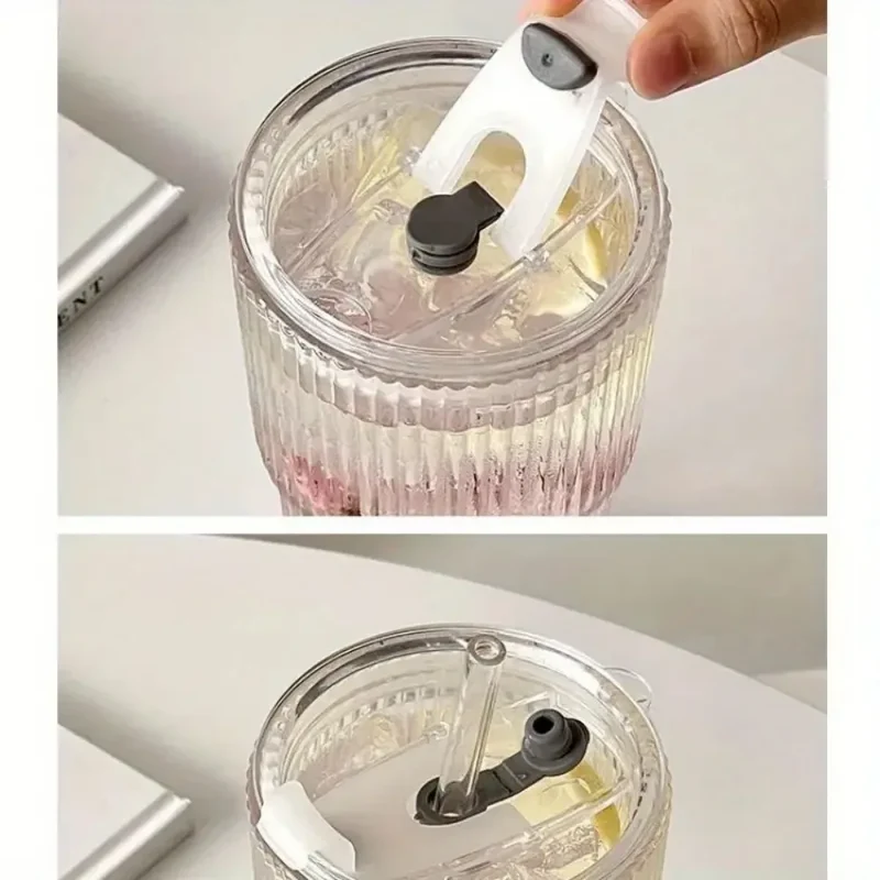 600ml Stripe Glass Cup with Lid and Straw Transparent Drinking Glasses for Juice Water and Iced Coffee Cups Mug Drinkware