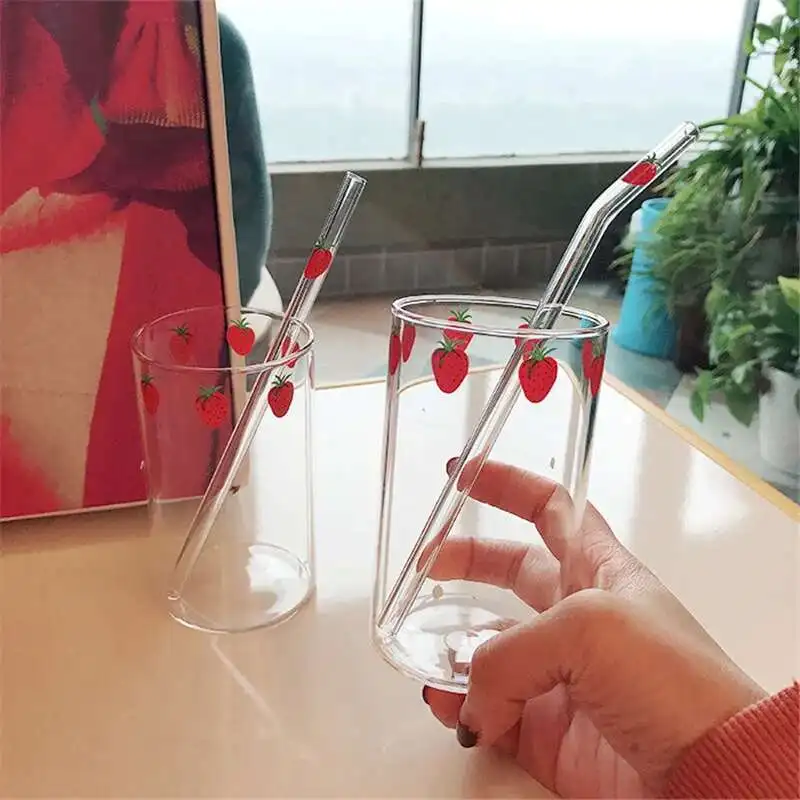 300 ML High Borosilicate Nana Cute Strawberry Water Milk Drinking Glasses Cup with Straw Upgrade Thickened Version Gift