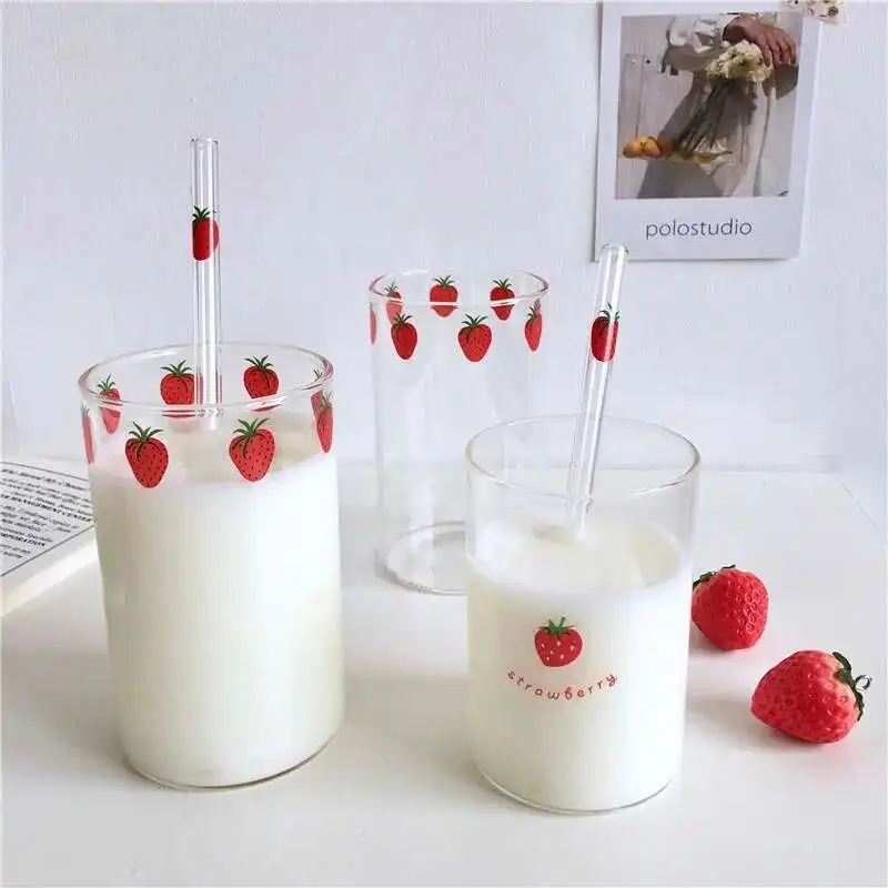 300 ML High Borosilicate Nana Cute Strawberry Water Milk Drinking Glasses Cup with Straw Upgrade Thickened Version Gift