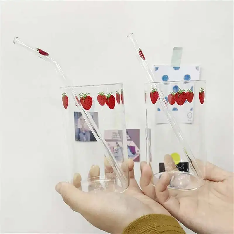 300 ML High Borosilicate Nana Cute Strawberry Water Milk Drinking Glasses Cup with Straw Upgrade Thickened Version Gift