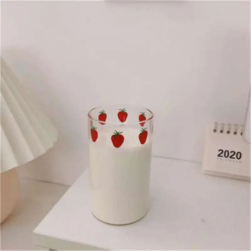 300 ML High Borosilicate Nana Cute Strawberry Water Milk Drinking Glasses Cup with Straw Upgrade Thickened Version Gift