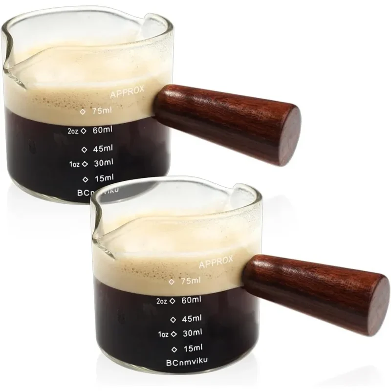 Clear Glass 75ML Espresso Shot Glasses with Wooden Handle Measuring Cup Coffee Cup High Borosilicate Glass Pitcher Barista