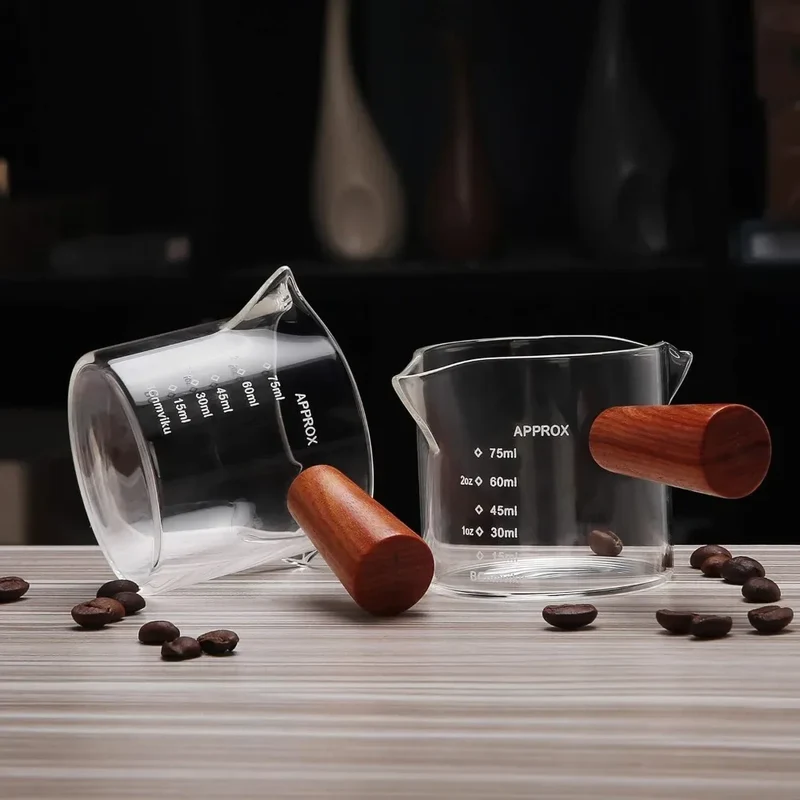 Clear Glass 75ML Espresso Shot Glasses with Wooden Handle Measuring Cup Coffee Cup High Borosilicate Glass Pitcher Barista