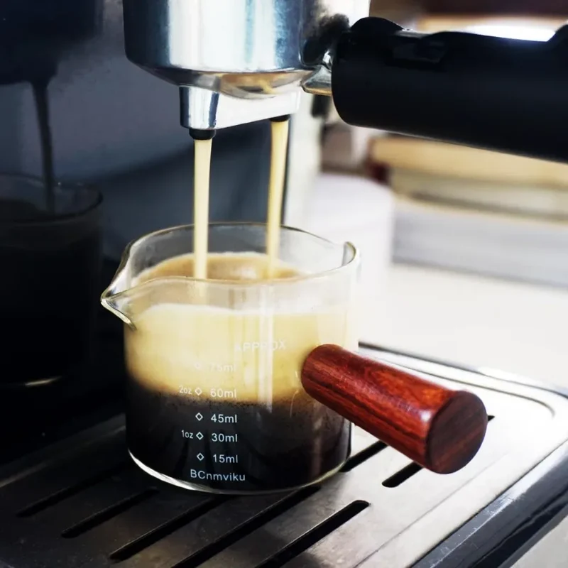 Clear Glass 75ML Espresso Shot Glasses with Wooden Handle Measuring Cup Coffee Cup High Borosilicate Glass Pitcher Barista