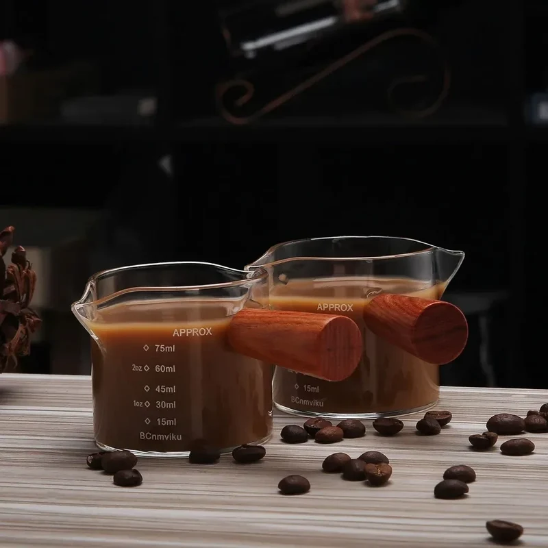 Clear Glass 75ML Espresso Shot Glasses with Wooden Handle Measuring Cup Coffee Cup High Borosilicate Glass Pitcher Barista