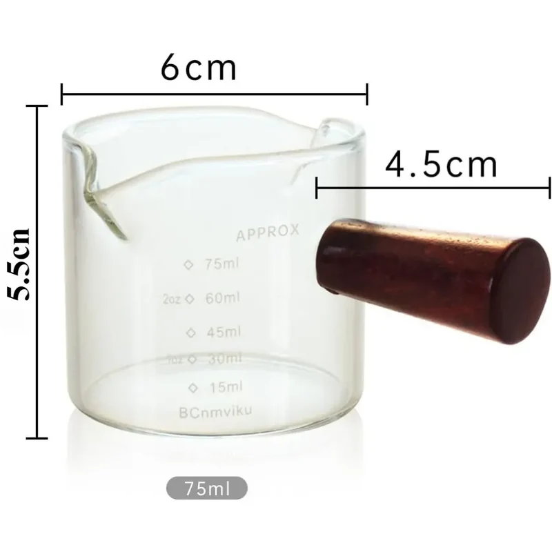 Clear Glass 75ML Espresso Shot Glasses with Wooden Handle Measuring Cup Coffee Cup High Borosilicate Glass Pitcher Barista