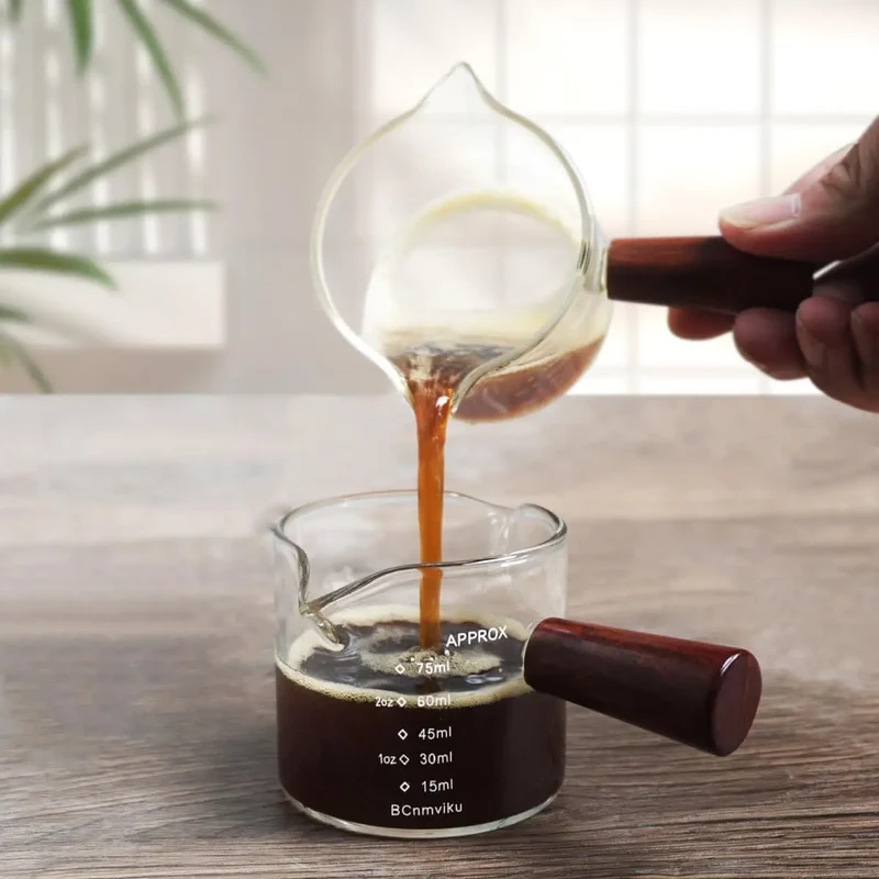 Clear Glass 75ML Espresso Shot Glasses with Wooden Handle Measuring Cup Coffee Cup High Borosilicate Glass Pitcher Barista