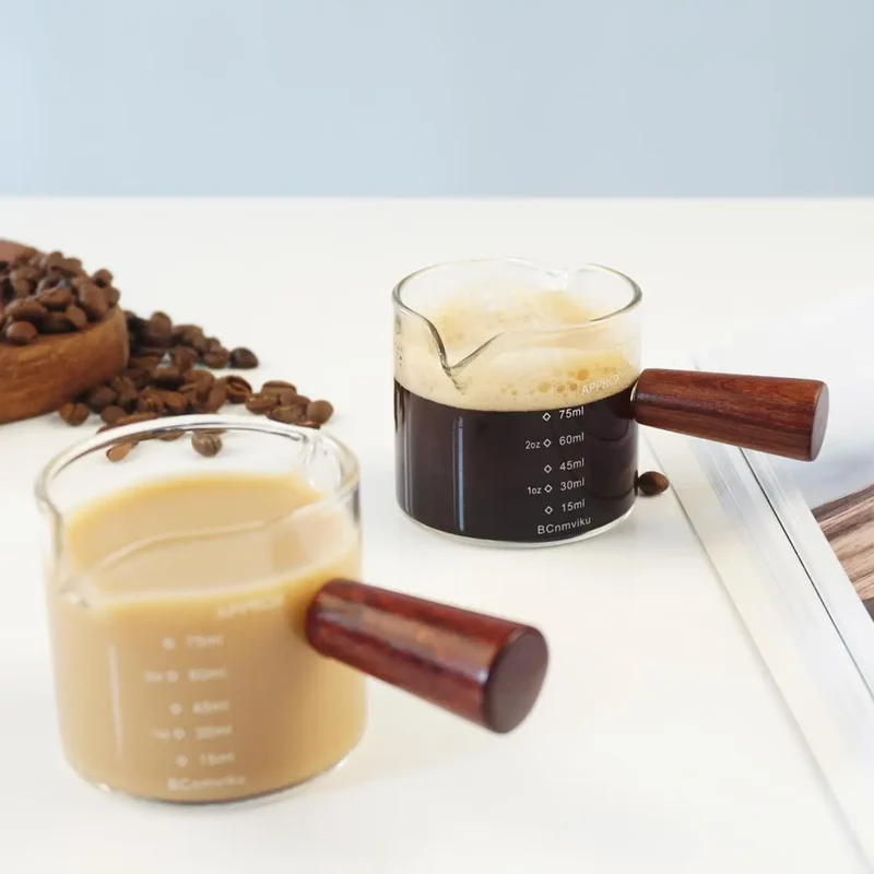 Clear Glass 75ML Espresso Shot Glasses with Wooden Handle Measuring Cup Coffee Cup High Borosilicate Glass Pitcher Barista