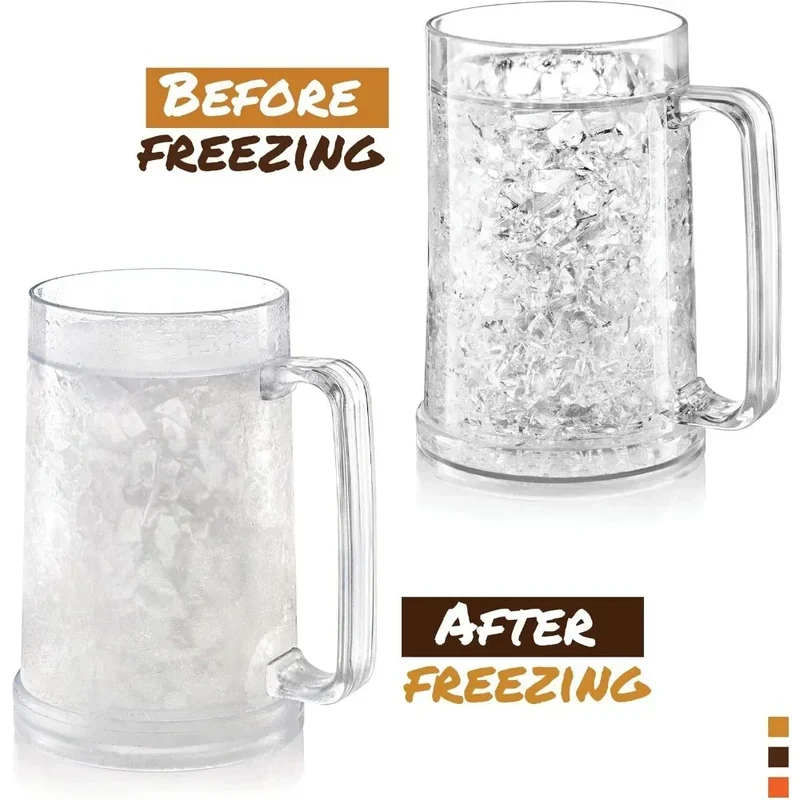 Double Wall Gel Frosty Freezer Ice Mugs Beer Mug with Handles Transparent Whiskey Glasses for Bar Outdoor Drinking Glasses