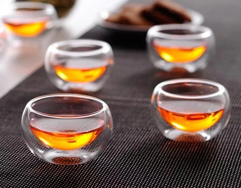 4/6pcs 50ml Shot Glass Teacups Double Wall glasses Tea Cups Exquisite Kung Fu Drinkware Home Decor Espresso Vaso Heat Resistant