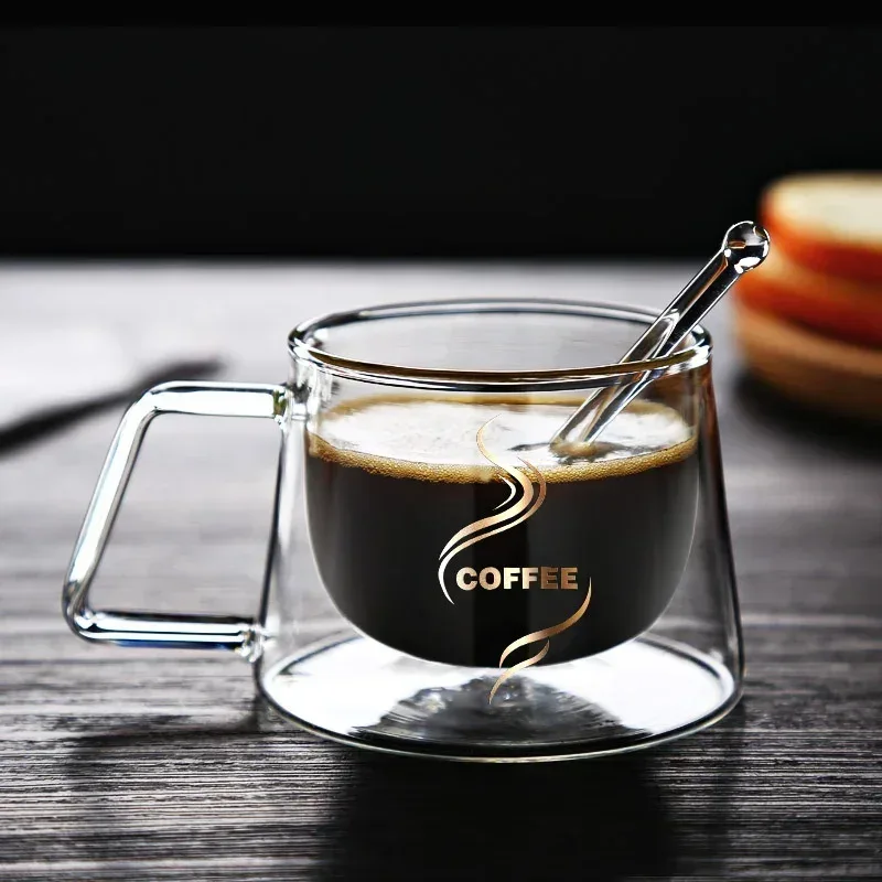 200ML Transparent Heat-resistant Espresso Cup Double Wall Glass Coffee Mug with Handle Cappuccino Latte Breakfast Tea Water Cups